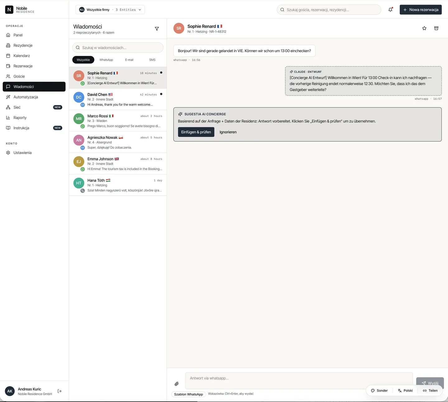 Gäste-Nachrichten aus 4 Kanälen, AI Concierge generiert Antwortvorschlag