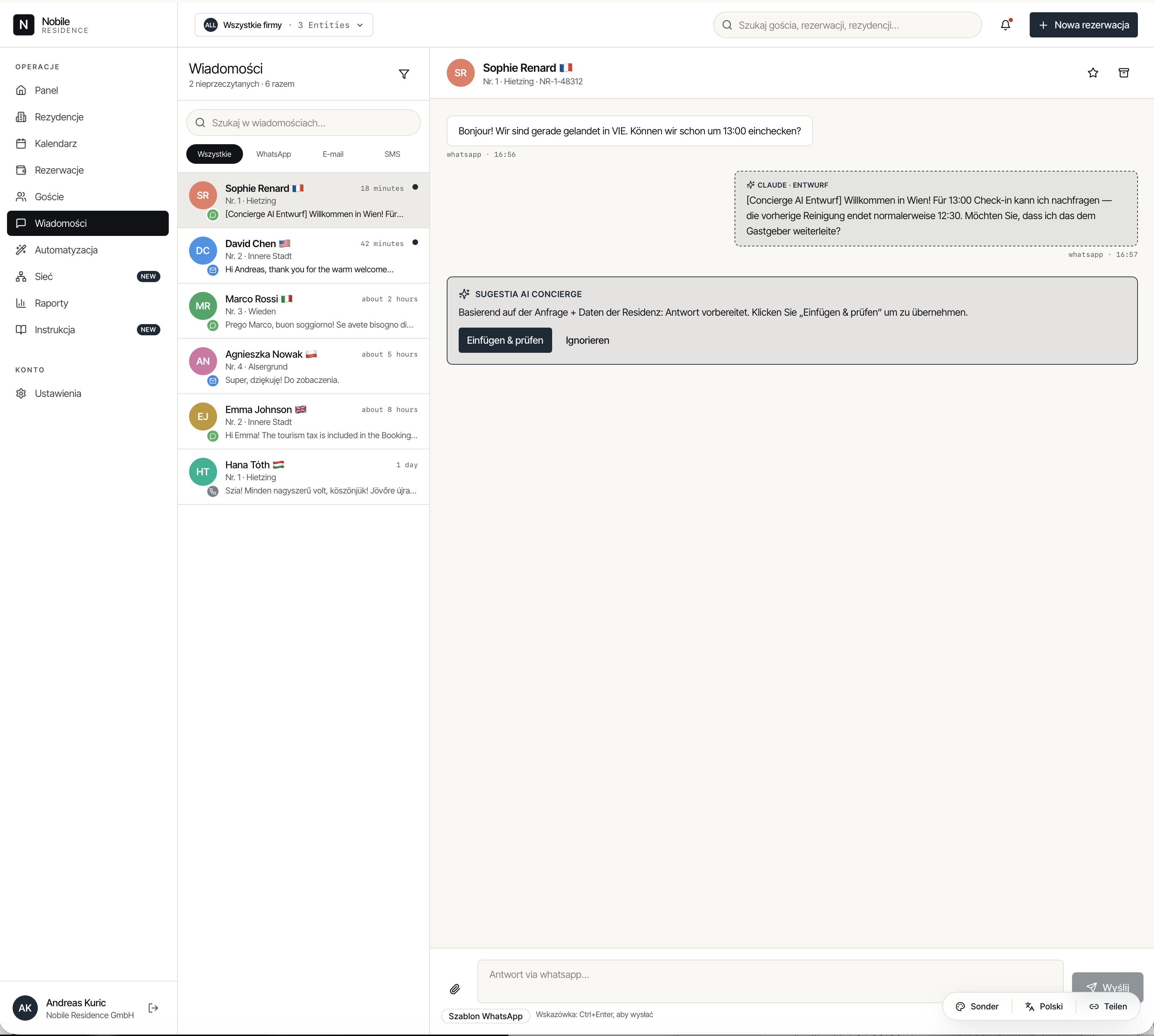Gäste-Nachrichten aus 4 Kanälen, AI Concierge generiert Antwortvorschlag