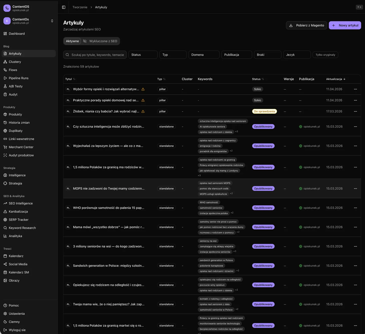 ContentOS — list of 58 SEO articles with cluster, keywords, status, versions