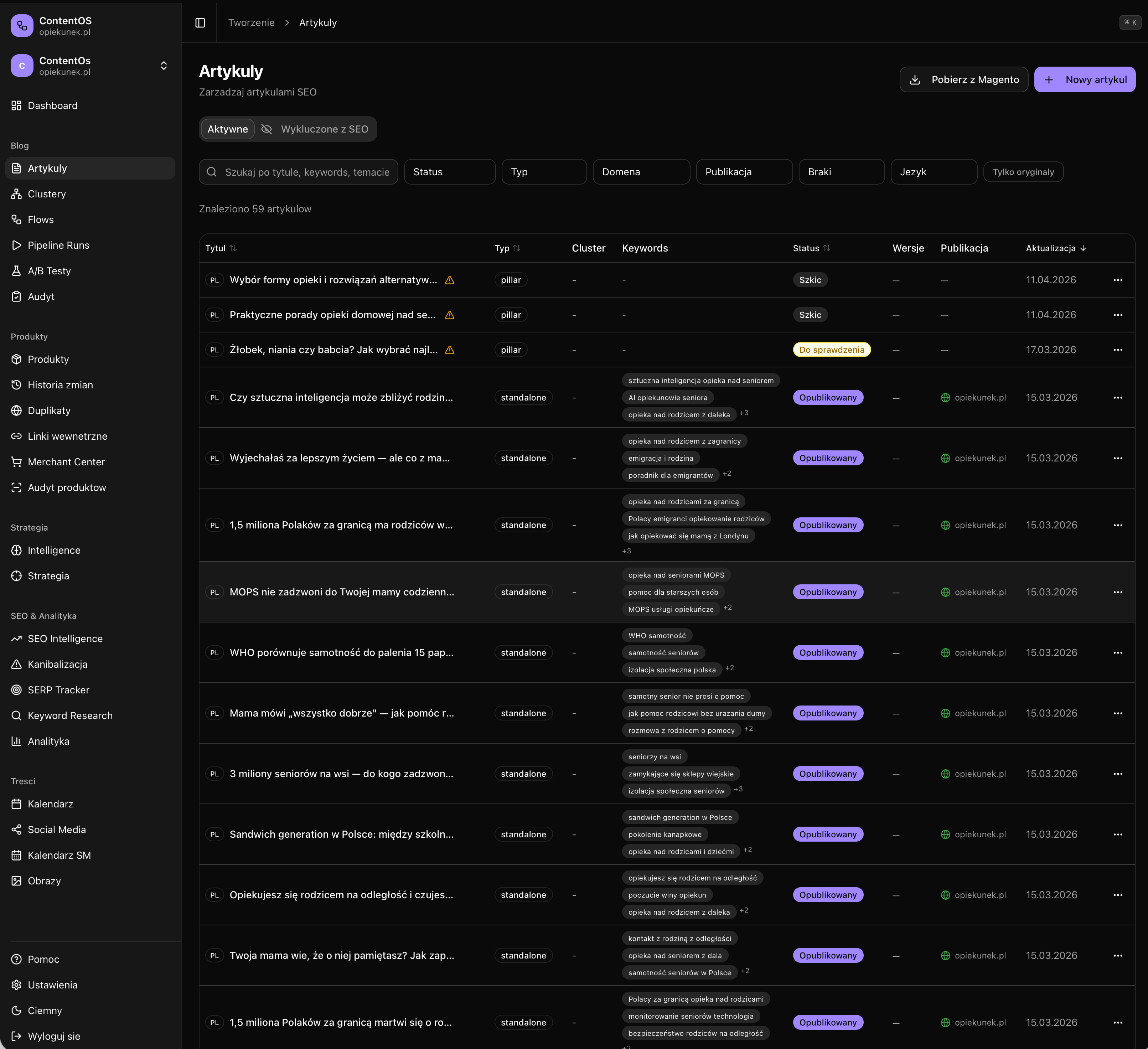 ContentOS — Liste der 58 SEO-Artikel mit Cluster, Keywords, Status, Versionen