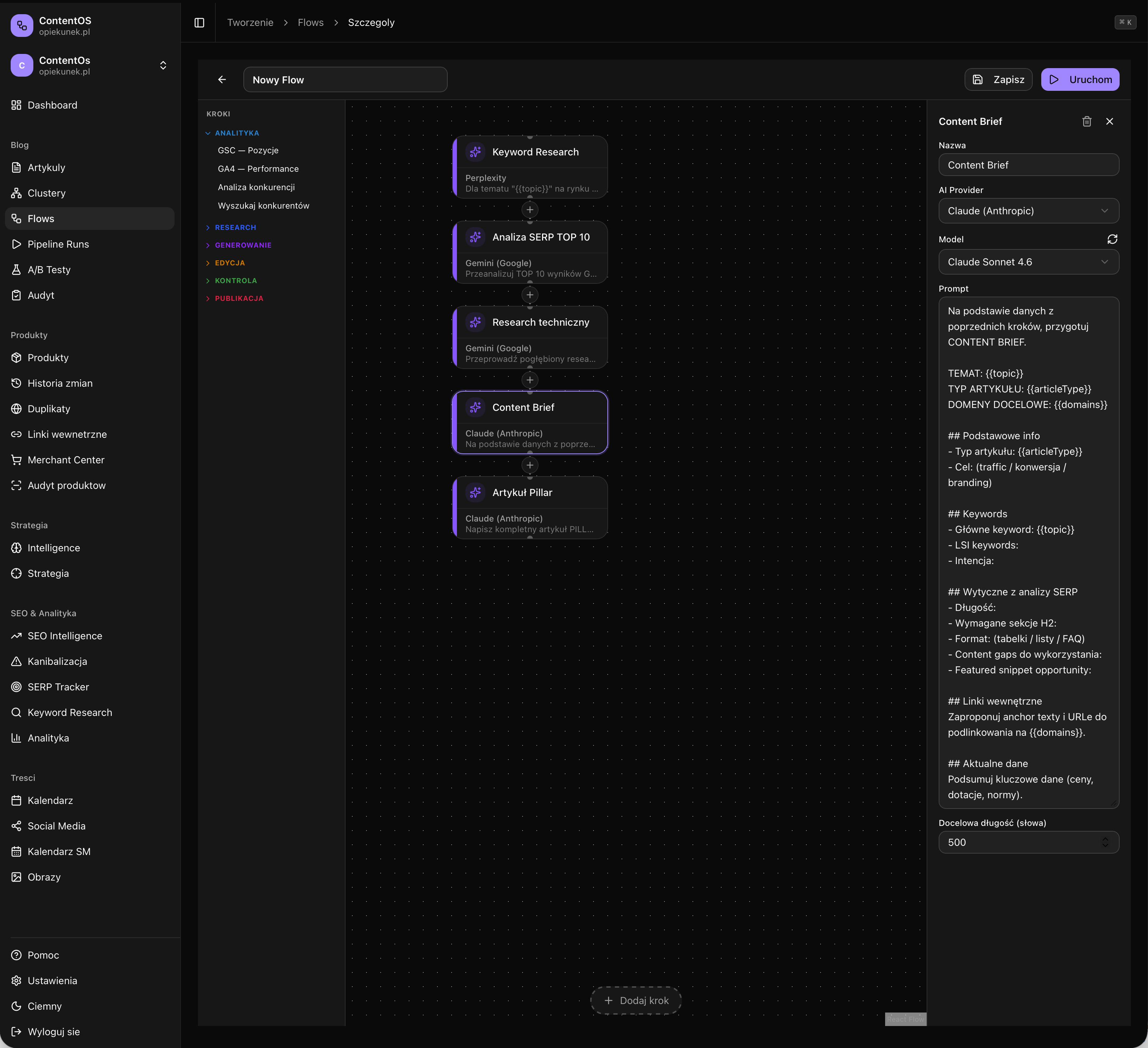 ContentOS — Flows Editor z draggable pipeline