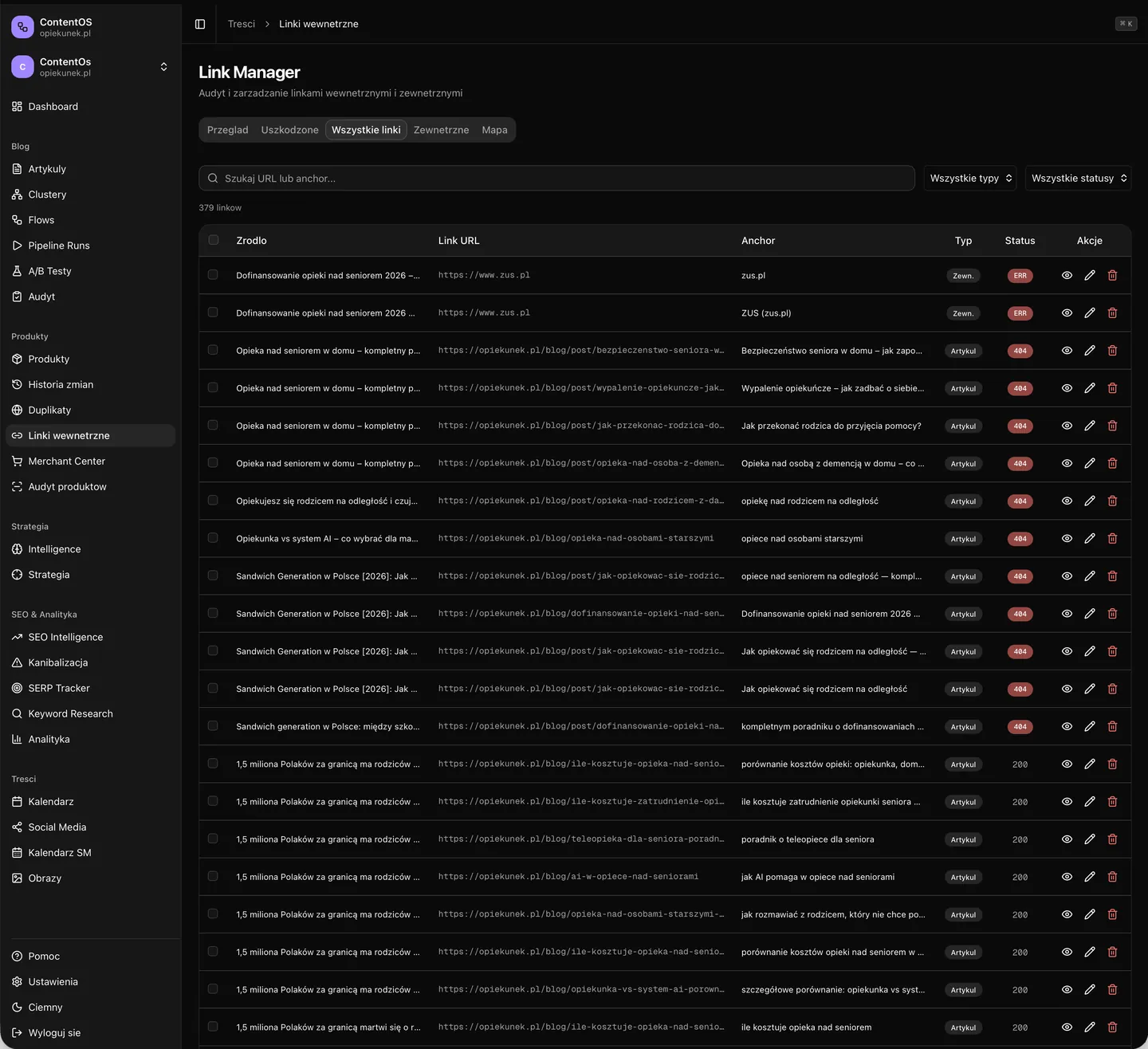 ContentOS Link Manager — 175 internal links with anchor, type and status