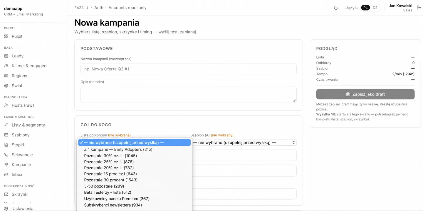Mailing Suite — creación de una campaña con un desplegable de segmentos por comportamiento