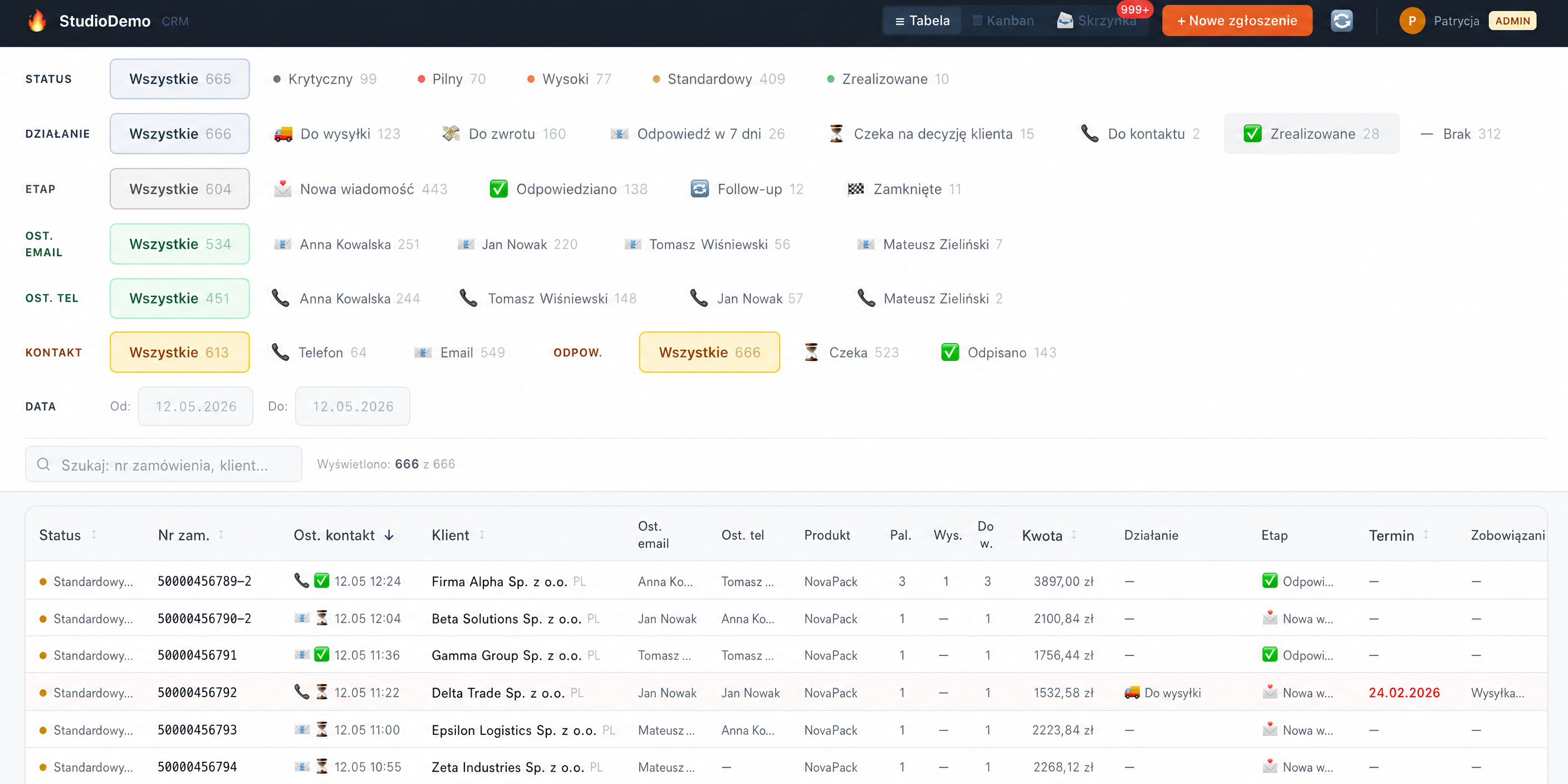 CRM — pełna tabela zamówień z filtrami