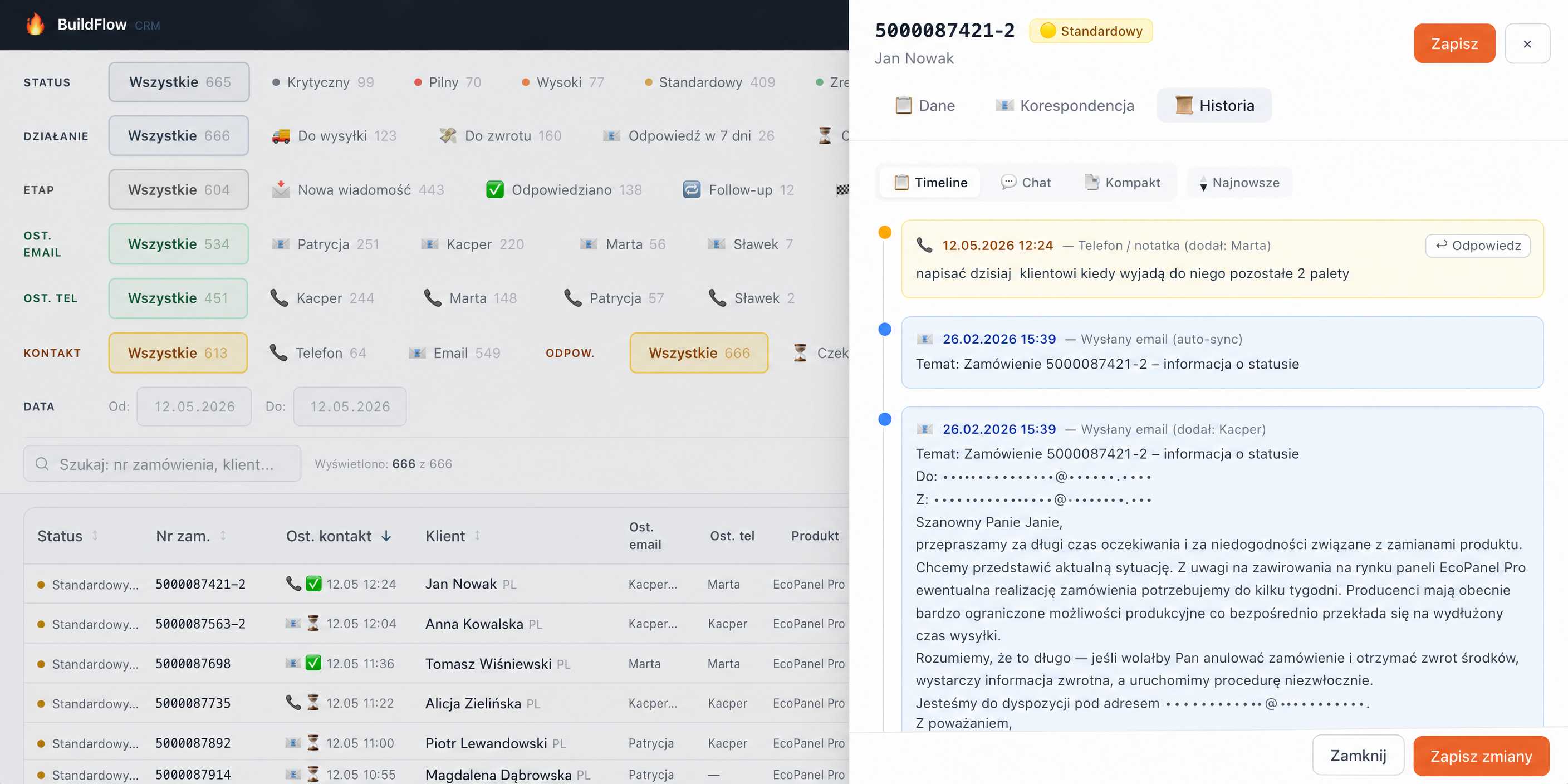 CRM — timeline historii klienta z wiadomościami M365 i notatkami