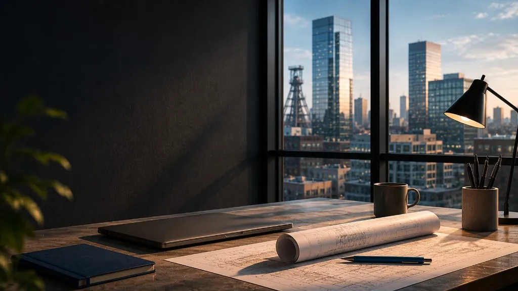 Engineering-Studio — Büro mit Blueprints, Blick auf Katowice