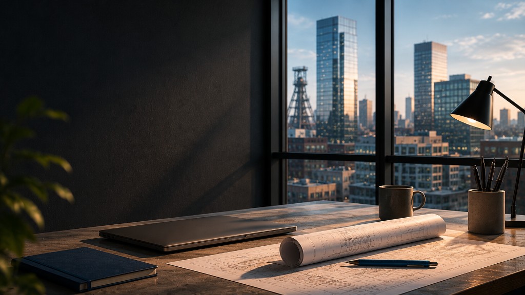 Studio inżynierskie — biuro z blueprintami, widok na Katowice