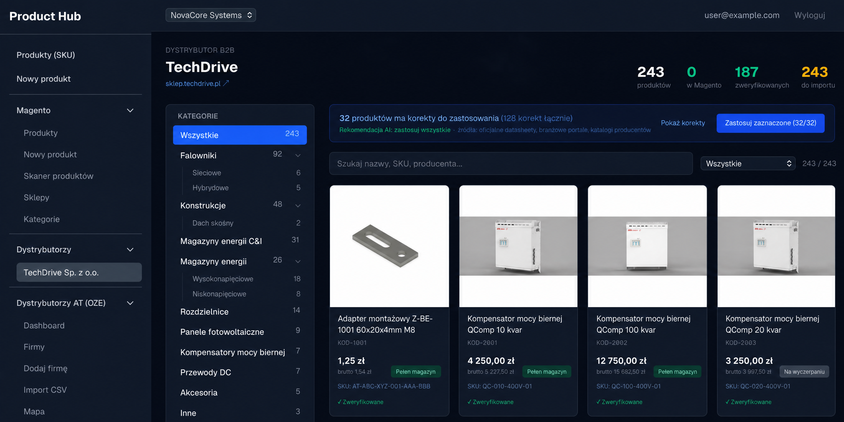 Product Hub — Per-Distributor-View mit Kategoriebaum und Produktkarten